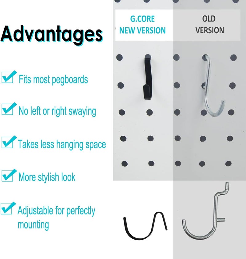 G.CORE Black Pegboard J Hooks Accessories - 40pcs Metal Peg Board Hooks for Hanging, Pegboard Wall Organizer Hangers, Fits 1/4 Slots, Tools Display Storage Holders for Garage Craft Office Organization - Image 2